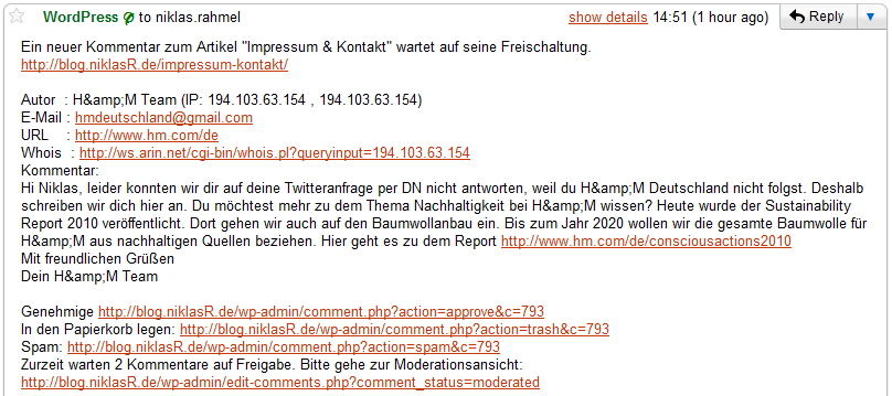 Der Kommentar, den H&M hier im Impressum hinterlassen habe. "Sehr motivierte Social-Media-Abteilung" schreibt dunkelstern auf twitter  dazu.